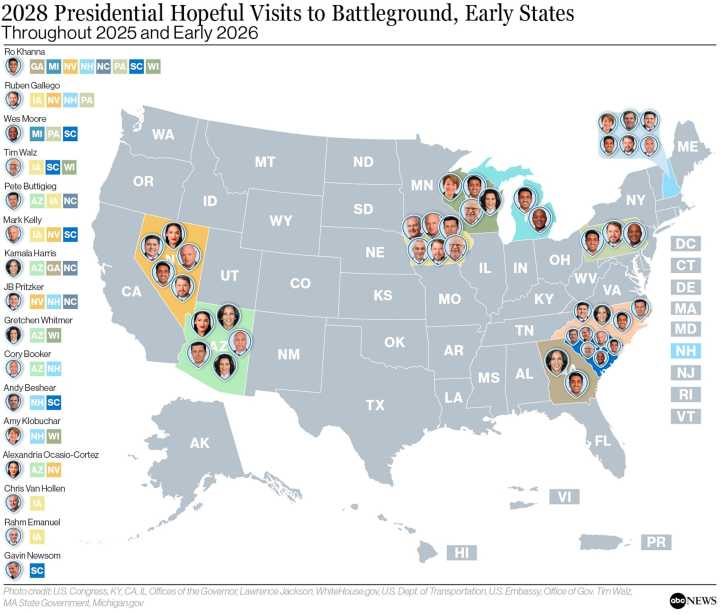 Where 2028 presidential hopefuls have traveled 1 year out from the midterms