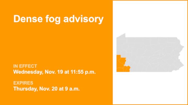 Dense fog advisory in place for Southwest Pa. until Thursday morning