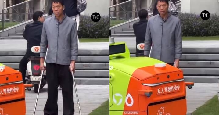 El choque de la modernidad: captan a un adulto mayor barrendero observando con tristeza la máquina que lo reemplazó