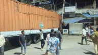 Container lorry crashes into hotel in Suryapet