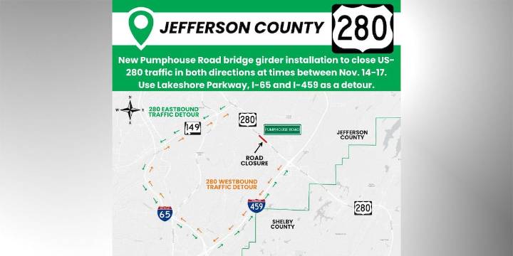Traffic closures expected on Highway 280 in Jefferson County weekend of Nov. 15