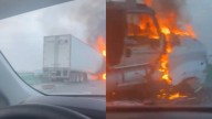 Tráiler derriba 3 postes y termina incendiado en la Autopista al Aeropuerto, en Apodaca