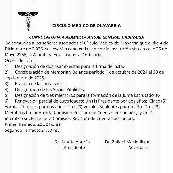 Convocatoria a Asamblea Anual Ordinaria Circulo Medico de Olavarría