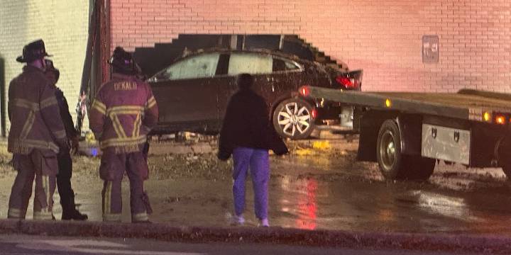 Car plows through DeKalb County gas station, catches on fire