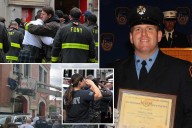 Widow, FDNY siblings of fallen firefighter Patrick Brady weep as bunting is put up at firehouse