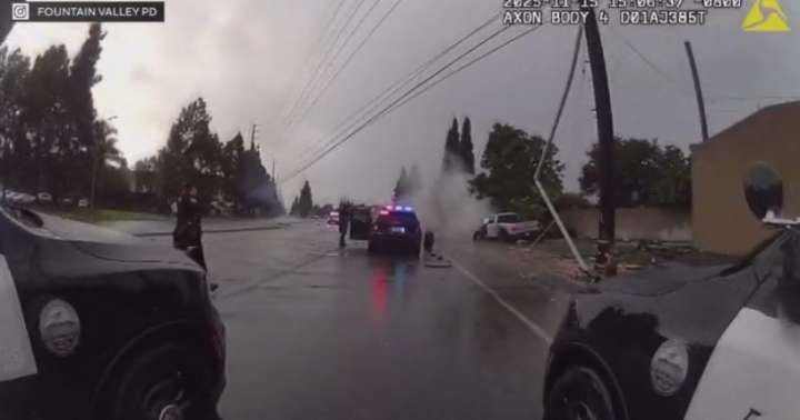 Video shows driver in Orange County crashing into electric pole during police pursuit