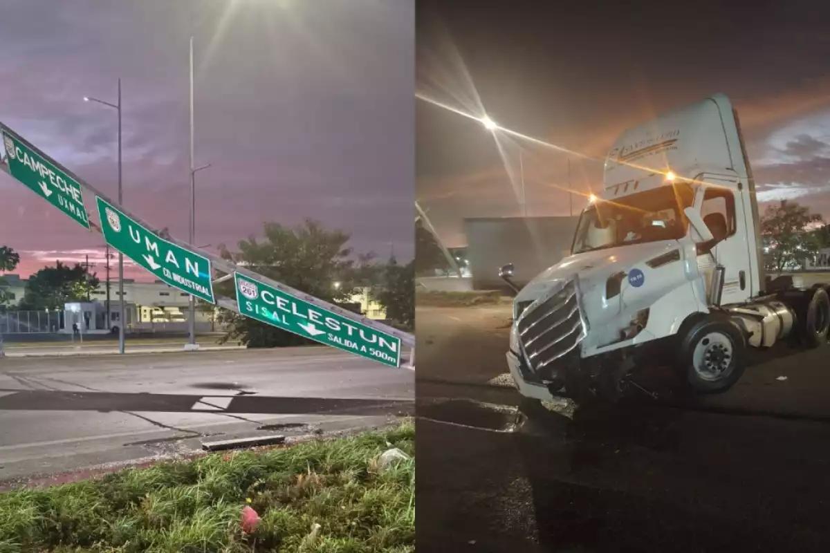 Tráiler impacta contra un señalamiento de tránsito en el Periférico de Mérida