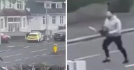 Chilling footage shows chainsaw thug chasing police officer down street