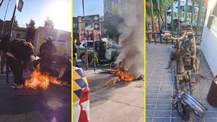 Graban día de furia de mujer: Fue fiscalizada y terminó quemando su moto en Independencia