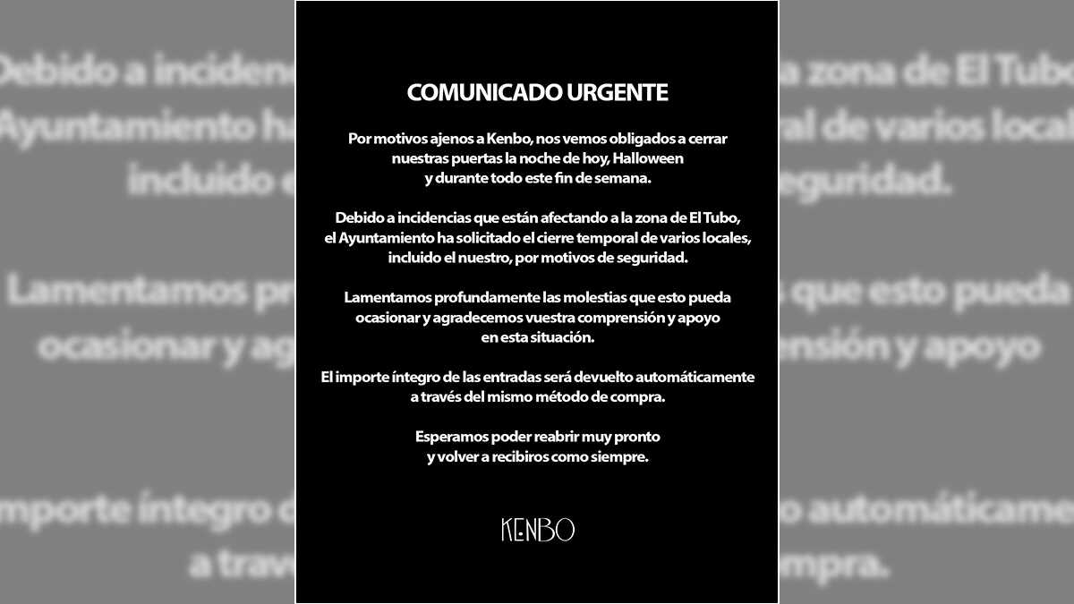 Kenbo, tras ser obligado a cerrar en la noche más "terrorífica": "Devolveremos las entradas"