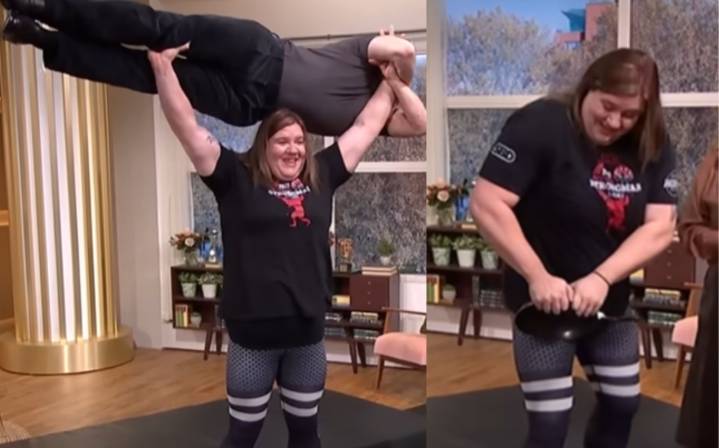 Strongwoman Rebecca Roberts Overhead Presses a Man and Rolls Up a Frying Pan