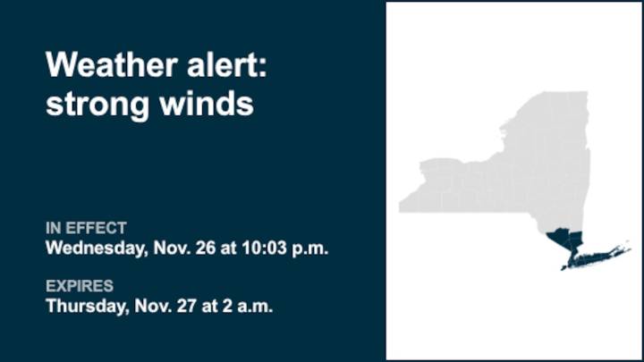 NY weather: Weather alert issued for strong winds in part of New York until 2 a.m. Thursday