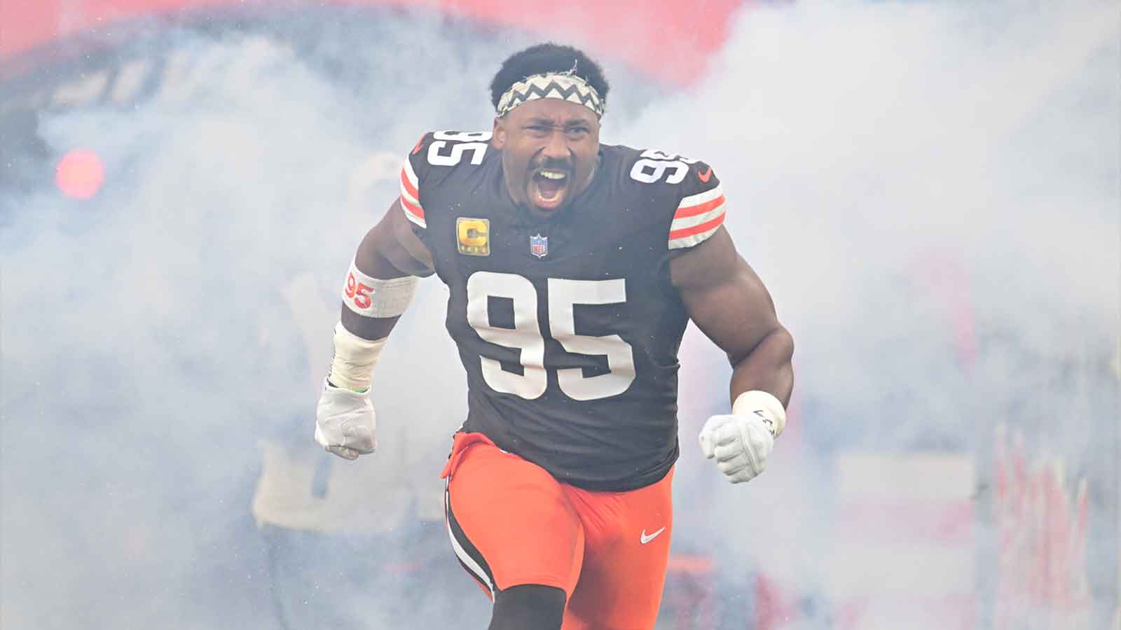 Browns’ Myles Garrett reacts to move on defense before Week 12