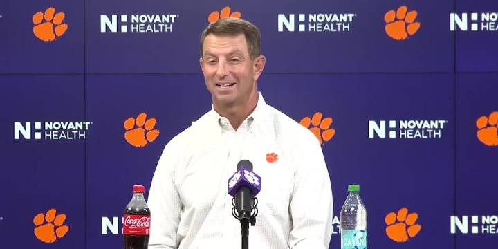 Clemson football head coach Dabo Swinney speaks on Hall of Fame induction