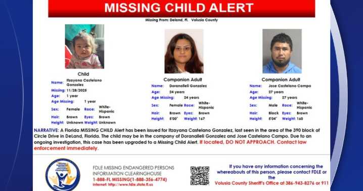 Missing Child Alert issued for one-year-old girl from the Deland area
