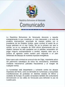 Venezuela denuncia “robo descarado” por parte de EEUU