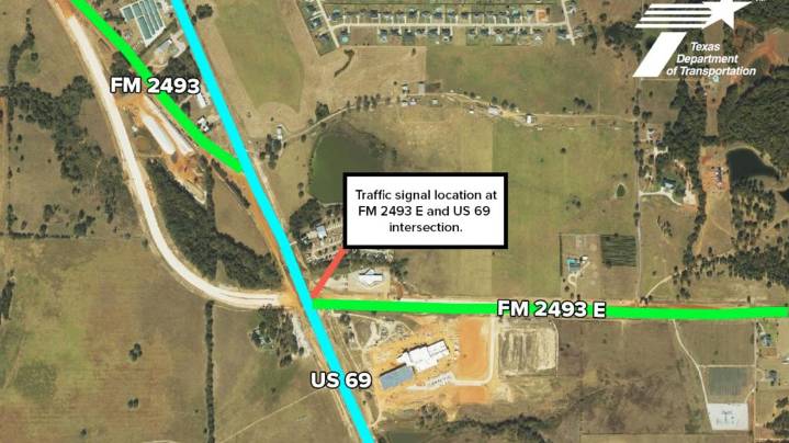Speed limit change, traffic signal coming to US 69, FM 2493 E. south of Bullard