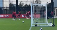 Mo Salah laughs in Liverpool training as team-mate hugs him and Arne Slot gives orders