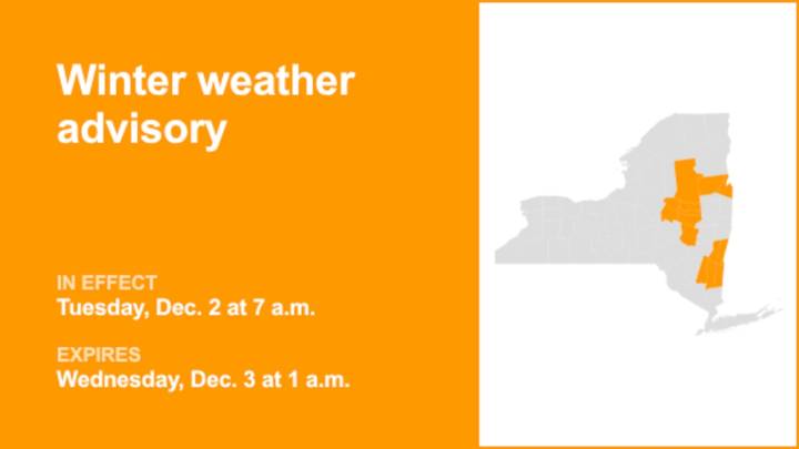 Winter weather advisory affecting New York Tuesday and Wednesday
