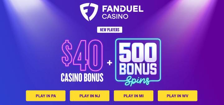 Deposit $10 for $40 casino credits and 500 bonus spins with the FanDuel Casino bonus