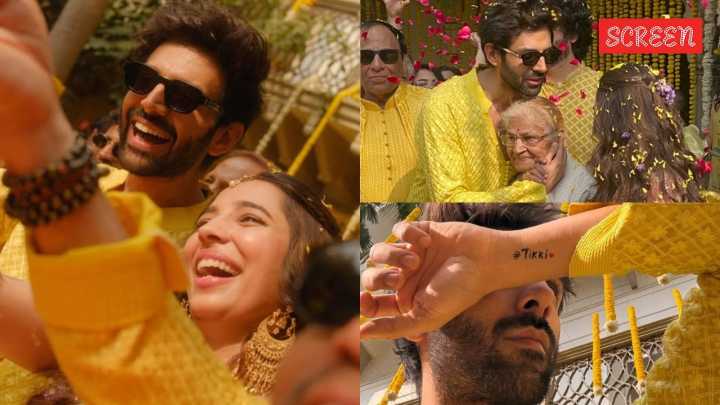 Kartik Aaryan is a doting brother at sister Kritika’s haldi ceremony, flaunts her wedding hashtag on his wrist. See pics