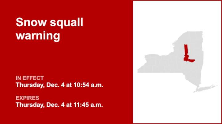 NY weather: Snow squall warning issued for Herkimer and Montgomery counties Thursday midday