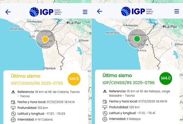 TACNA REGISTRA DOS SISMOS EN MENOS DE UNA HORA, SEGÚN REPORTE OFICIAL DEL IGP