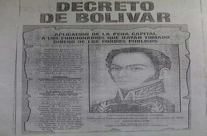 Tal día como hoy Simón Bolívar decreta pena de muerte contra la corrupción