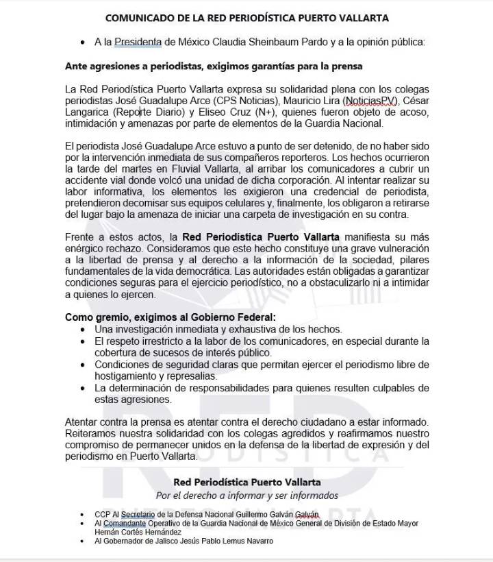Red Periodística Puerto Vallarta exige garantías para la prensa tras agresiones de la Guardia Nacional