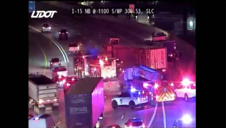 Semitruck rolls on I-15 near downtown Salt Lake during Monday commute