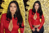 Kylie Jenner models plunging red leather cropped jacket