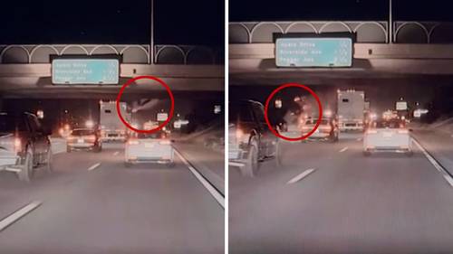 Wild video shows truck fly off overpass and crash onto 210 Freeway in Rialto