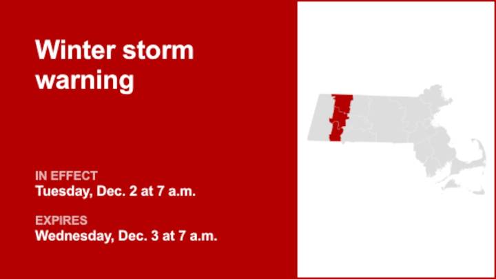 Winter storm warning in place for 3 Massachusetts counties for Tuesday and Wednesday