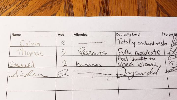 Children's Ministry Sign-In Sheet Includes Column For Listing Child's Depravity Level