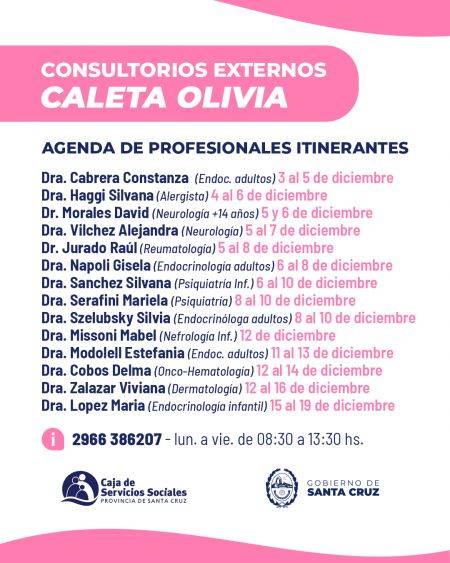 Se encuentra disponible agenda de los Consultorios Externos de la CSS en Caleta Olivia