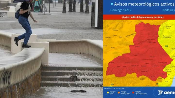 Aviso rojo este domingo por lluvia en Almería por acumulaciones de 120 l/m2, naranja en Granada y amarillo en Cádiz