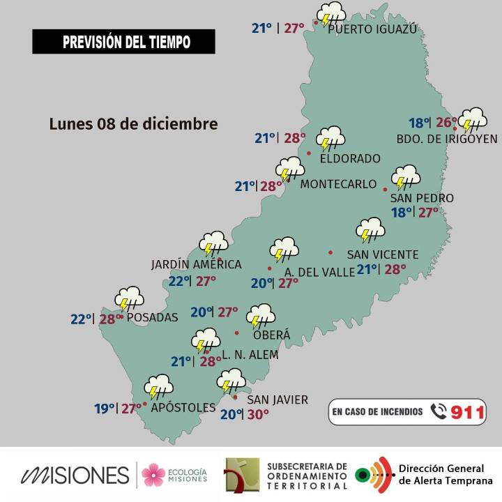 Temporal de lluvias y fuertes ráfagas marcará el inicio de la semana en Misiones
