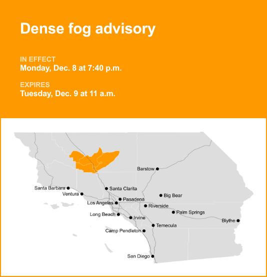 5 Freeway through Grapevine under a dense fog advisory until Tuesday midday