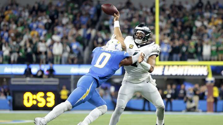 Jalen Hurts throws third interception, Chargers tie it up at 16