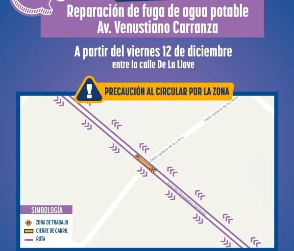 Cerrarán carril de la Venustiano Carranza por reparaciones de la JMAS