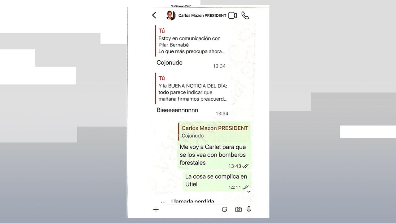 El WhatsApp de Mazón a Pradas al conocer que "preocupa" el barranco del Poyo el día de la Dana: "Cojonudo"
