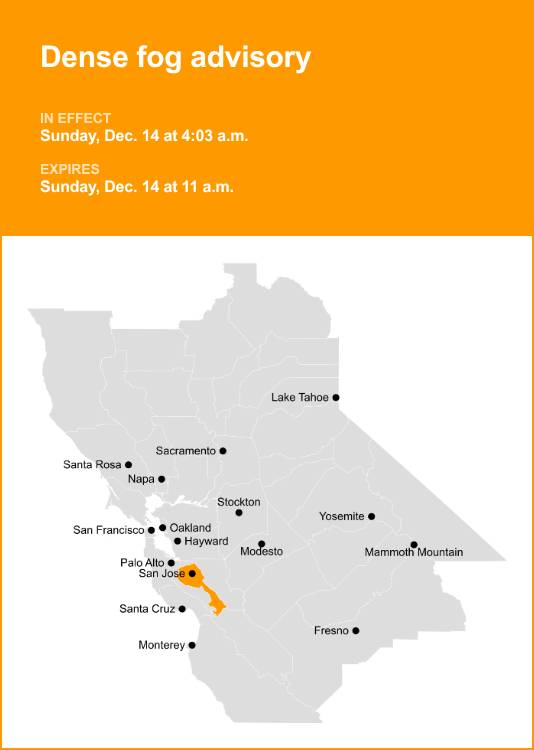 Santa Clara Valley Including San Jose under a dense fog advisory until Sunday midday
