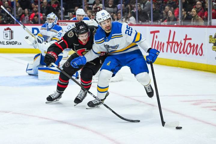 Blues F Jordan Kyrou (leg) makes early exit vs. Senators