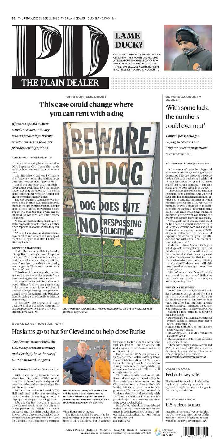 The Plain Dealer’s front page for December 11, 2025