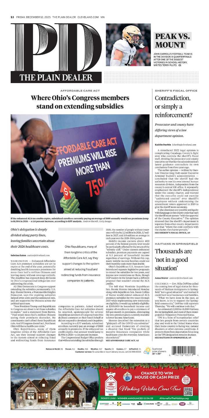 The Plain Dealer’s front page for December 12, 2025