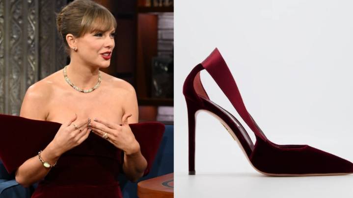 Taylor Swift Wears Dangerous Aquazzura Pumps on 'Colbert'