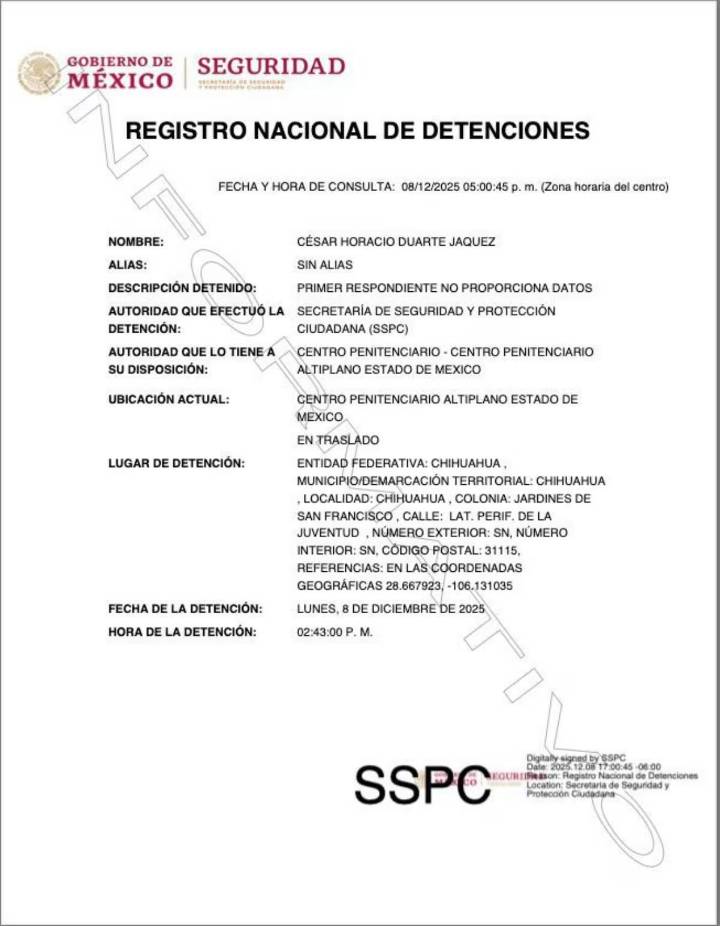 Registro confirma detención y traslado de César Duarte
