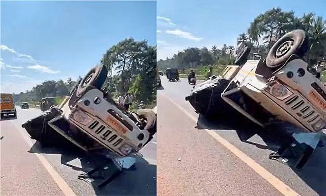 Kaup: Tempo overturns after tyre burst while carrying rice