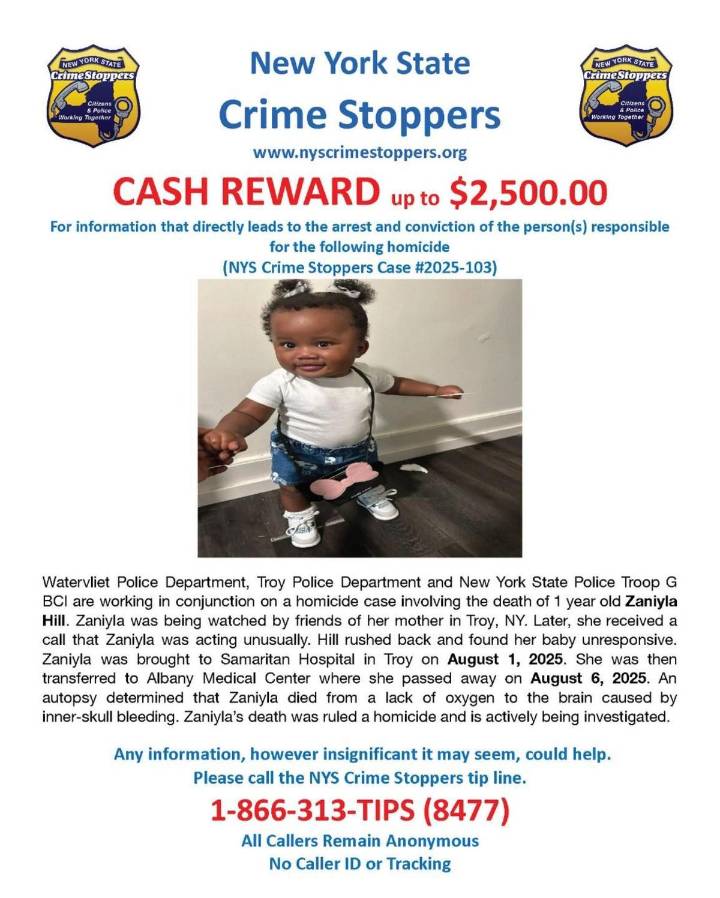 $2,500 Reward for Information in Heartbreaking Troy Toddler Homicide
