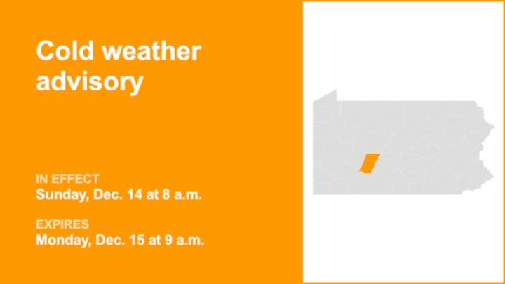 Cold weather advisory affecting Cambria County until Monday morning
